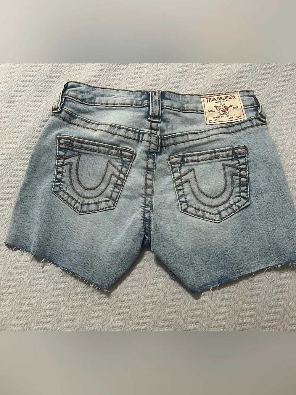 True Religion Light Blue Women's Denim Shorts with Signature Back Pockets